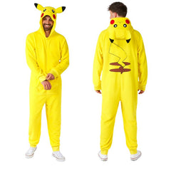 Pikachu onesie with attached hood and cute face and ears, plus pockets.