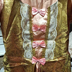 rose gold princess dress for adults, ankle length with puffy sleeves, high collar and lace detail, perfect for any princess.