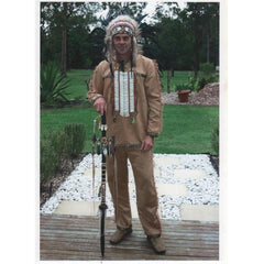 Native American Chief Hire, brown suede top and pants with fringing, headdress and breast plate.