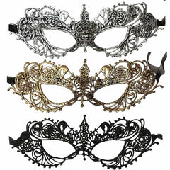 Three lace masquerade masks in silver, gold, and black, laid flat to showcase the front details, against a white background.