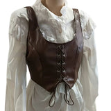 Leather look vest with lace up front on display with white blouse underneath