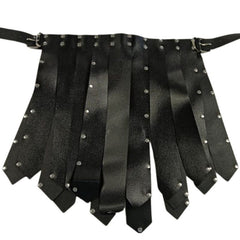 Black leather-look Roman skirt displayed on a mannequin, featuring multiple fabric strips, silver rivet details, and adjustable side belts for a historical warrior look.