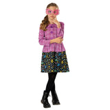 luna lovegood costume for a child, dress, pink jacket bodice, black print skirt and glasses.