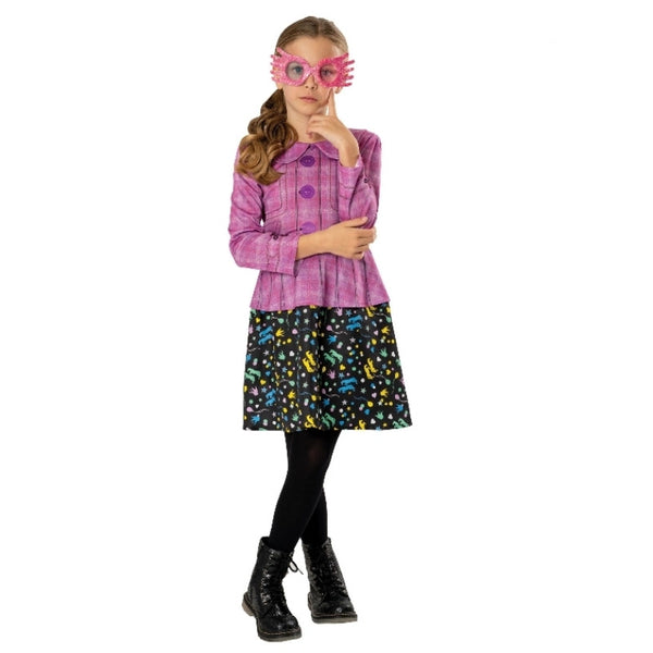 luna lovegood costume for a child, dress, pink jacket bodice, black print skirt and glasses.