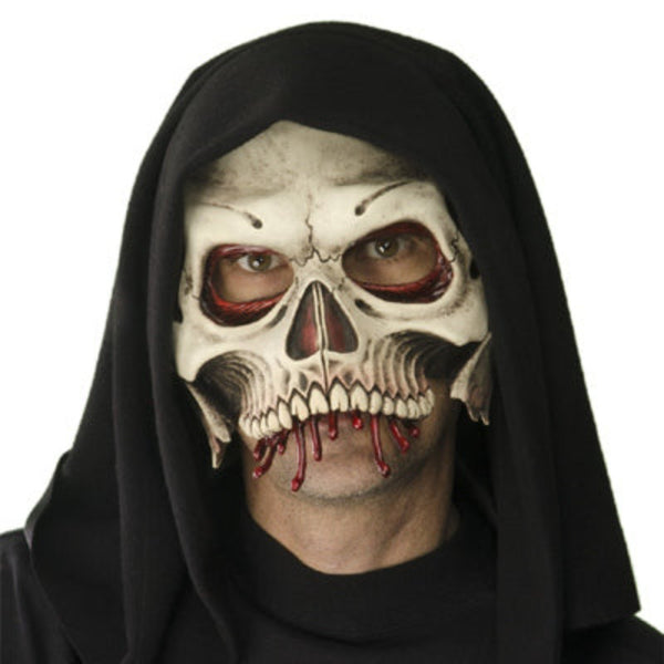 Hooded cranium half mask of skeleton with dripping blood.