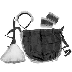 Maid accessory set displayed on a white background, including a black apron with white lace trim, a black headband with white lace detail, two wrist cuffs with lace trim, and a feather duster with a black handle and white feathers.