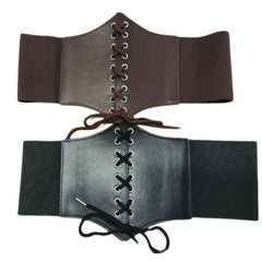 Medieval Pirate Corset Style Belt – brown and black options shown, featuring front lace-up detail with wide elastic side panels for a comfortable, adjustable fit, ideal for medieval or pirate-themed costumes.