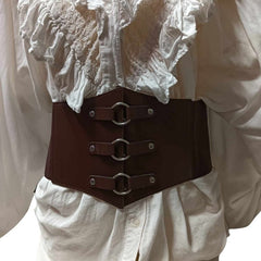 Medieval Pirate Waist Belt in brown, with three silver rings and silver rivets, worn on a mannequin dressed in a white pirate medieval shirt, against a white background