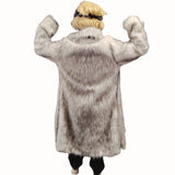 Back view of person wearing the Mojo Rockstar hire costume, showing the blonde wig, black bandana, and white fur coat, against a white background