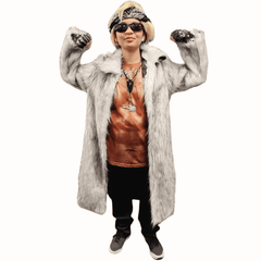 Person wearing the Mojo Rockstar hire costume, featuring a blonde wig, black bandana, white fur coat, studded fingerless gloves, silver guitar necklace, and a muscle print shirt, against a white background.