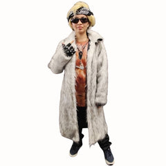Person wearing the Mojo Rockstar hire costume, featuring a blonde wig, black bandana, white fur coat, studded fingerless gloves, silver guitar necklace, and a muscle print shirt, against a white background.