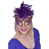 Gabrielle purple eye mask with purple feathers, base in gold and purple interate design.