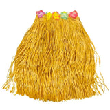 A yellow faux-hayagrass hula skirt with four colorful plastic flower leis attached at the top, shown against a plain white background.