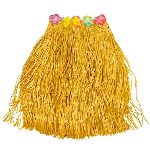 A yellow faux-hayagrass hula skirt with four colorful plastic flower leis attached at the top, shown against a plain white background.