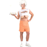 Novelty droopers costume, old lady, shorts, midriff top and padded boobs hanging below top.