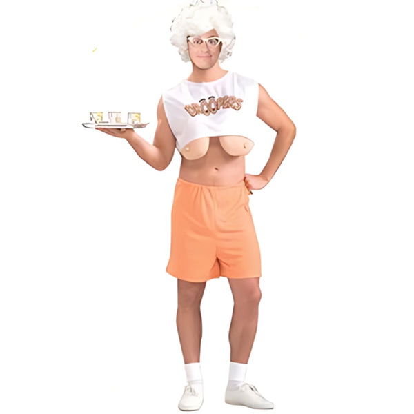 Novelty droopers costume, old lady, shorts, midriff top and padded boobs hanging below top.