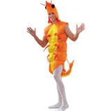 Novelty prawn costume in orange and yellow foam, with attached hood with face and tail between your legs.