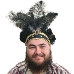 Black carnival feather headpiece laid flat on a white background, featuring large ostrich feathers and a comfortable band with gold trim details.
