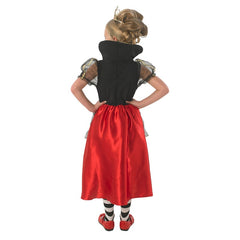 Child's Queen of Hearts costume with satin dress, puff sleeves, and crown