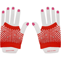 Wrist-length fishnet gloves in black or red, each adorned with silver diamantes, displayed on a white background.