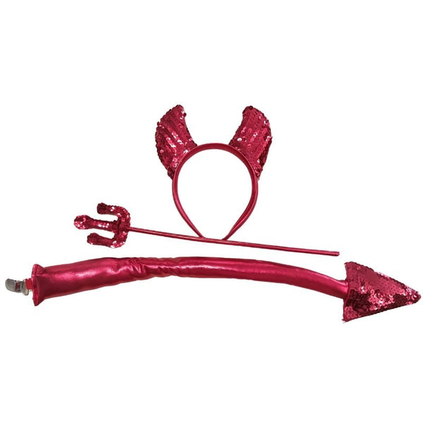 Red sequin devil costume set including headband with sequin horns, a matching scepter-sized pitchfork, and a clip-on tail. All items are covered in shiny red sequins, displayed on a white background.