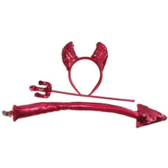 Red sequin devil costume set including headband with sequin horns, a matching scepter-sized pitchfork, and a clip-on tail. All items are covered in shiny red sequins, displayed on a white background.