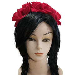 Rose Headband worn on manequin with black plaited wig. Features five red roses