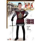 Royal Knight mens costume includes tunic with emblem, belt and boot tops.