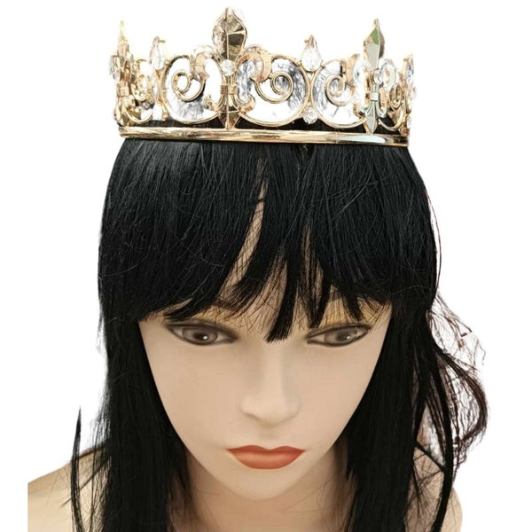 Mannequin head with a black wig wearing a gold crown featuring fleur-de-lis shapes and clear gems, elegant and regal in design