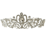 Front view of the Royal Tiara in silver, adorned with silver rhinestone crystals and featuring intricate swirl detailing, against a white background