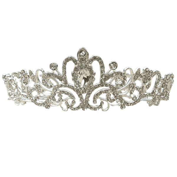 Front view of the Royal Tiara in silver, adorned with silver rhinestone crystals and featuring intricate swirl detailing, against a white background