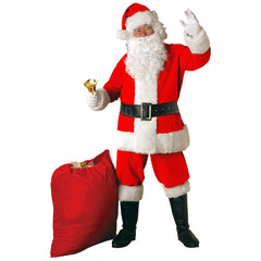 santa suit deluxe, includes, pant, jacket, vinyl belt, hat and gloves. 