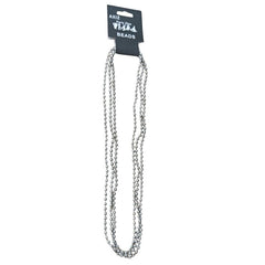 A three-strand silver bead necklace displayed on a hanger tag, featuring shiny metallic beads for a classic look.