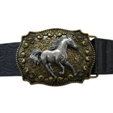 Close-up of the Silver Horse buckle on a black Western belt, featuring a bronze buckle with intricate details and a rope-like border, with black horse details on the belt, curled to highlight the buckle
