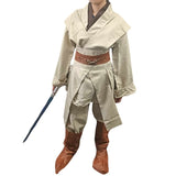 Person wearing the Space Knight costume without the brown robe, showcasing the belt and wrap-around tunic. The arms are at the sides, holding a blue and silver lightsaber pointing down, from neck to feet, against a white background