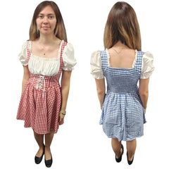 Person wearing a red and white, and person wearing blue and white checkered dress with a white blouse, standing against a white background.