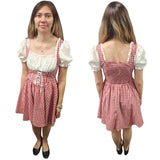 Red and white checkered dress with puffed sleeves worn by a person on a white background