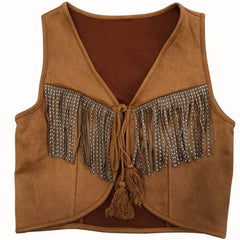 Tan caramel brown suede-look cowgirl vest featuring studded tassels across the bust and a front tie closure, against a white background.