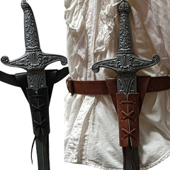 Sword frog/holster in brown and black colors, side by side on belts with a sword placed in each as an example, showcasing the design and fit