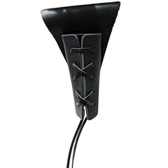 Sword frog/holster in brown and black colors, side by side on belts with a sword placed in each as an example, showcasing the design and fit