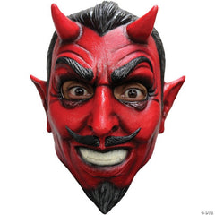 classic devil mask, red latex full face mask with horns, ears and goatee.