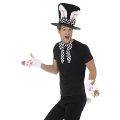 Tea party march hare kit includes top hat with attached rabbit ears, gloves with paw prints, bow tie and tail.