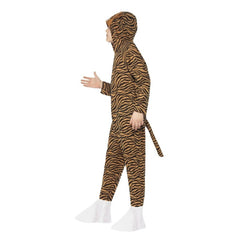 Tiger costume for children, jumpsuit in tiger print with attached hood and tail.