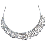 Top view of silver metal bubble style tiara, showing the metal band and loops for attaching ribbon or hair pins, adorned with iridescent and silver diamontes and rhinestones, against a white background