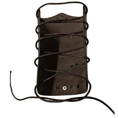 Side-by-side front and back views of brown Medieval Wrist Braces, laced up on a forearm. The front features three silver rings with silver rivets, while the back shows silver eyelets laced with brown cord