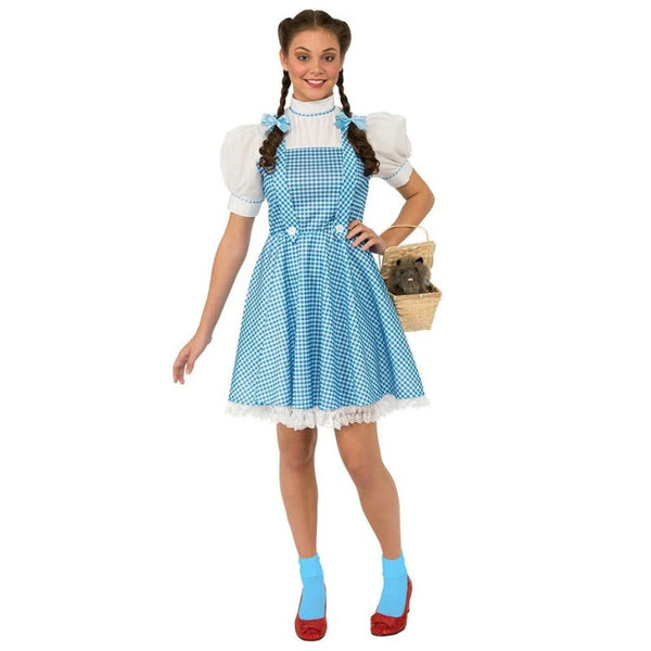 Dorothy Ladies Deluxe Costume Adult, puffy white short sleeves, high collar, full skirt.