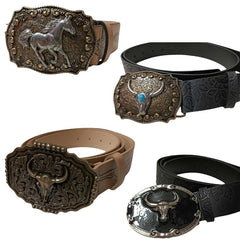 Four Western belts with bold buckles, curled up to show off their designs: two tan belts with black details (Silver Horse Buckle and Bronze Bull Buckle) and two black belts with black details (Silver Bull Buckle and Blue Bull Buckle), all featuring prominent buckles, against a white background