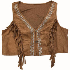Front view of a cropped brown suede-look western vest featuring long fringe from chest to waist, two-button closure, and white embroidered details from collarbone to waist, against a white background