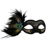 Black and gold masquerade eye mask with peacock feathers and glitter detail