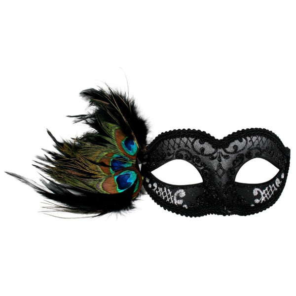 Black and silver masquerade eye mask with peacock feathers and glitter detail
